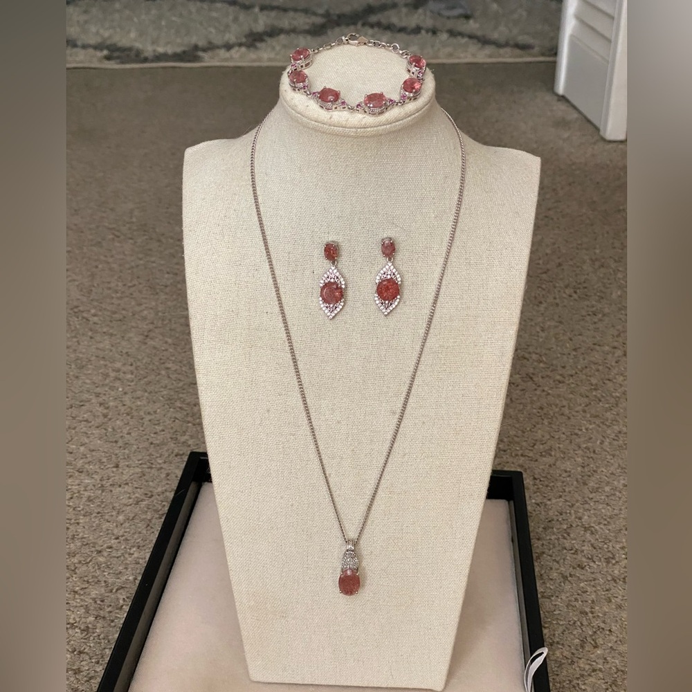 D’Joy Sterling Silver Strawberry Quartz Necklace Earrings & Bracelet Set 925